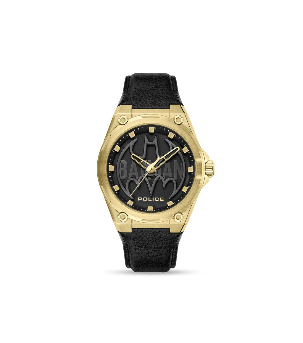 Police BATWING Men's Gold-Tone Stainless Steel Watch with Black Leather Strap