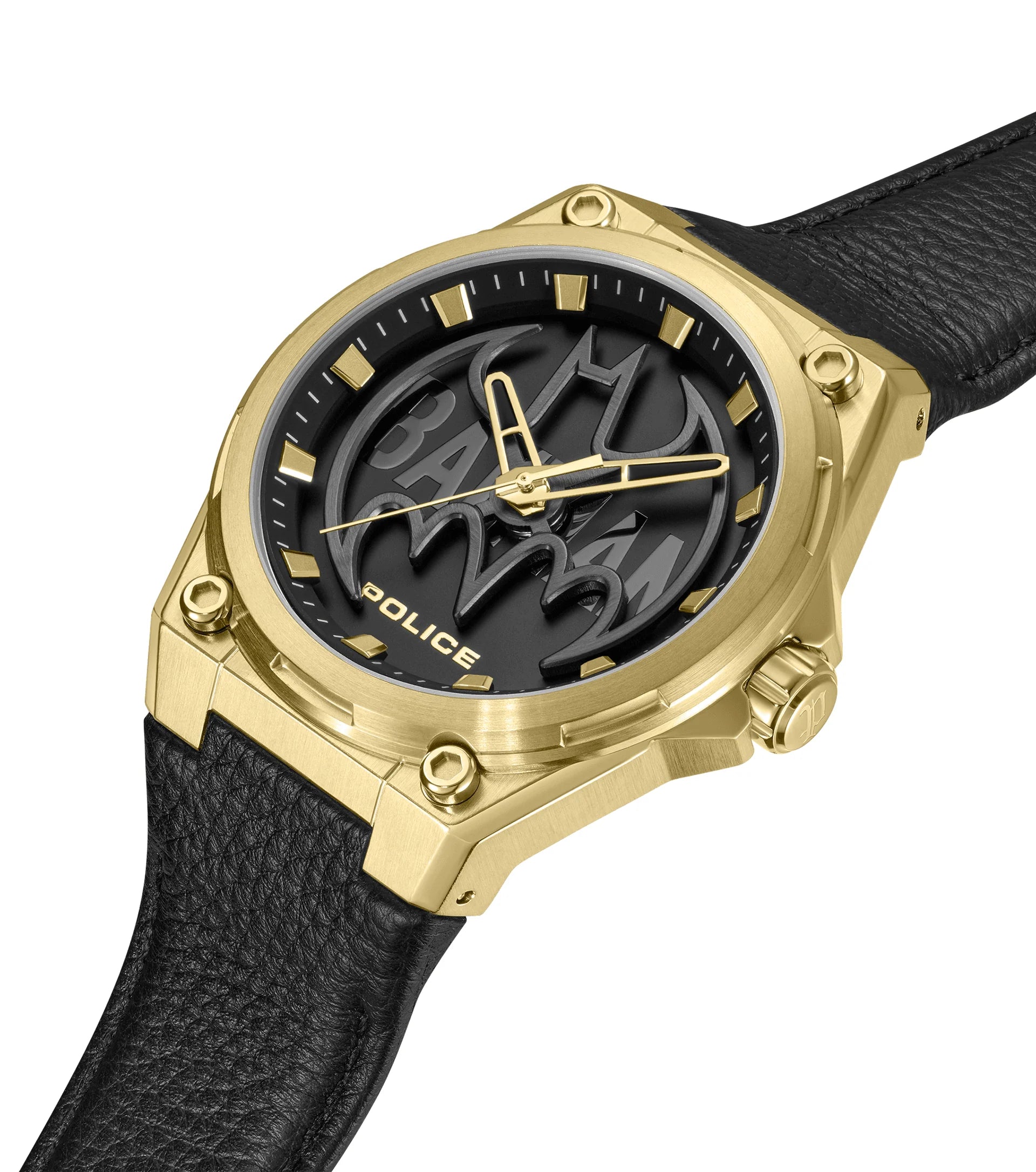 Police BATWING Men's Gold-Tone Stainless Steel Watch with Black Leather Strap