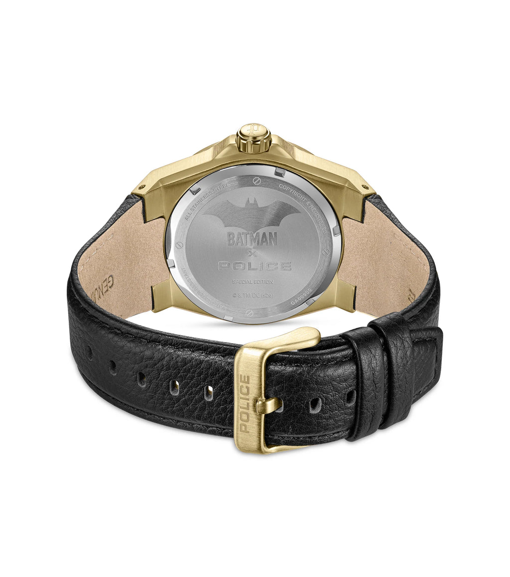 Police BATWING Men's Gold-Tone Stainless Steel Watch with Black Leather Strap
