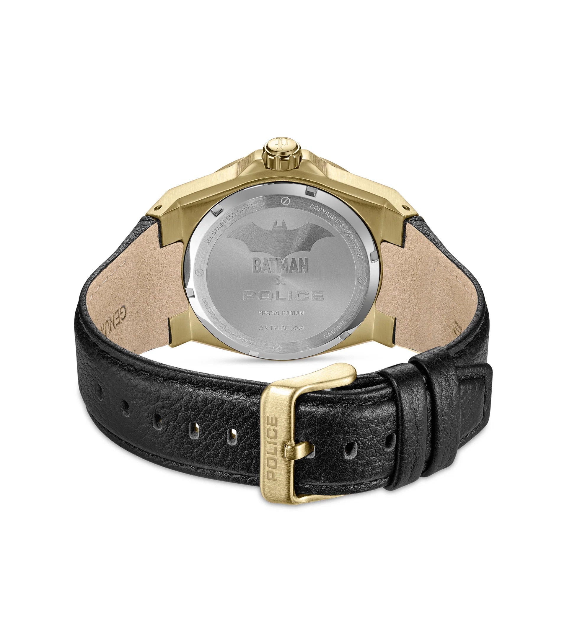 Police BATWING Men's Gold-Tone Stainless Steel Watch with Black Leather Strap