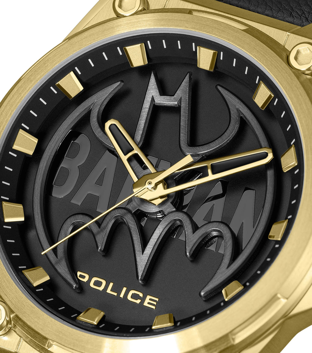 Police BATWING Men's Gold-Tone Stainless Steel Watch with Black Leather Strap