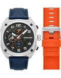 Police Men's Analog Watch – 45mm Silver Cushion Case with Dark Blue Leather Strap