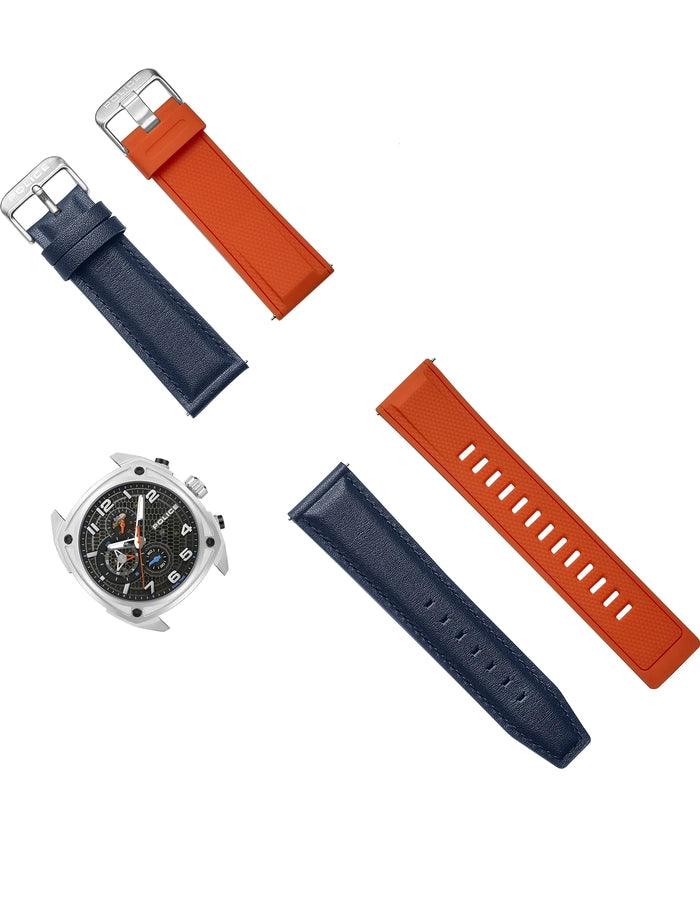Police Men's Analog Watch – 45mm Silver Cushion Case with Dark Blue Leather Strap