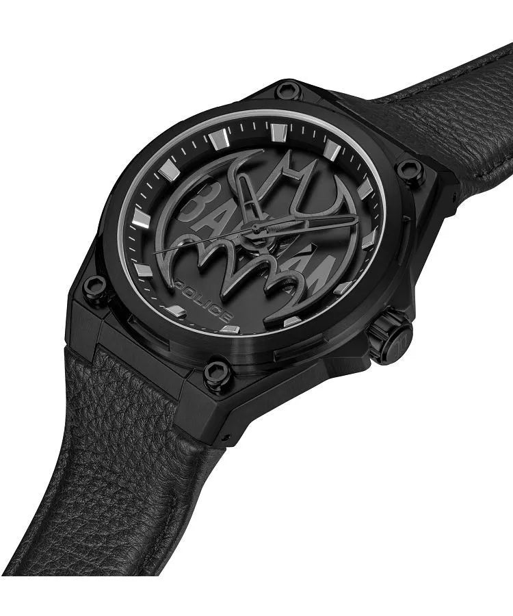 Black watch with detailed face on a white background