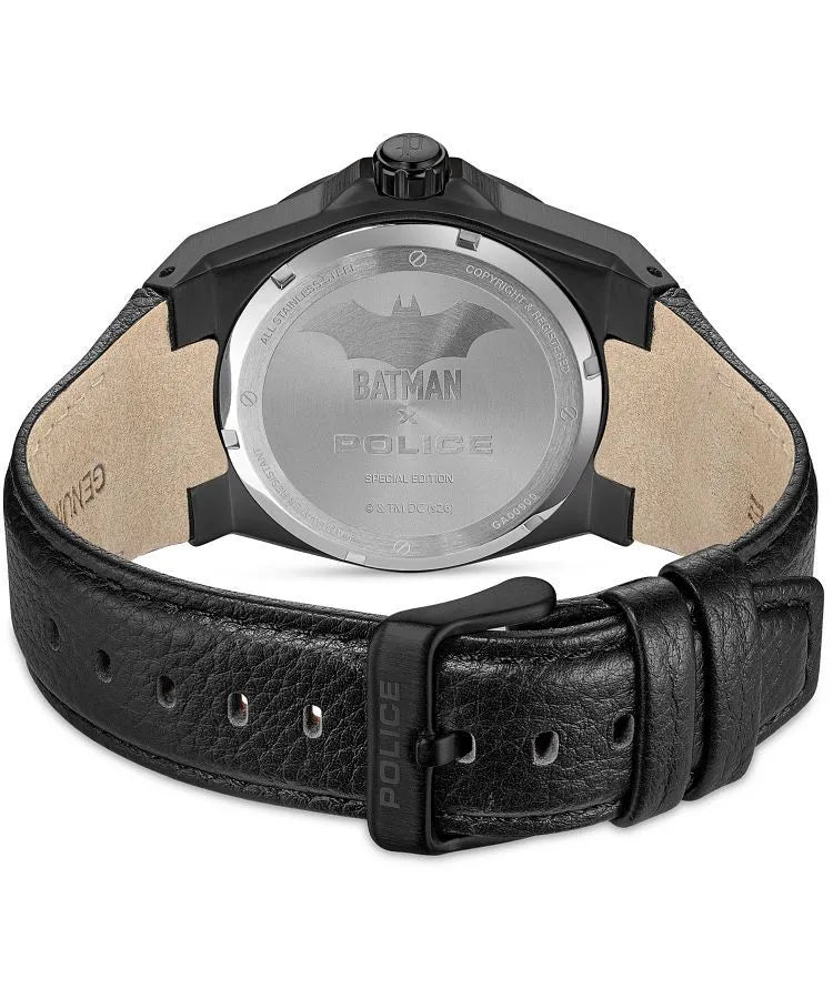 Batman x Police watch with black leather strap on a white background