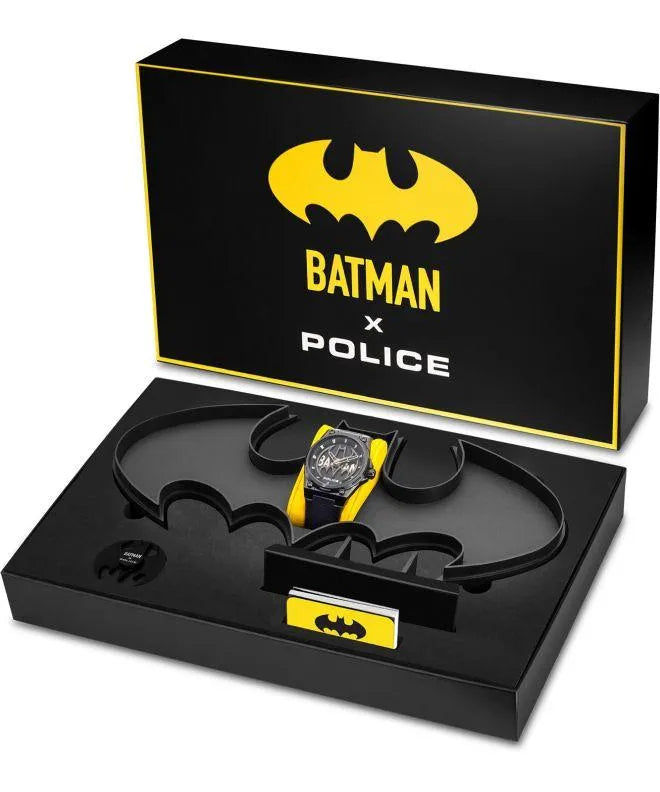 Police Batman watch in a black and yellow display case with Batman logo.